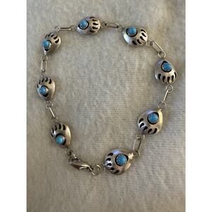 NAVAJO TURQUOISE STERLING SLV NATIVE AMERICAN "BEAR CLAW" LINK CHAIN BRACELET
